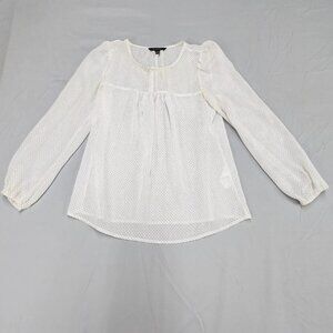 Banana Republic Blouse Womens XS Petite White Metallic Polka Dot Sheer Peasant